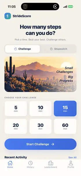 StrideScore challenge screen showing timed walking challenges