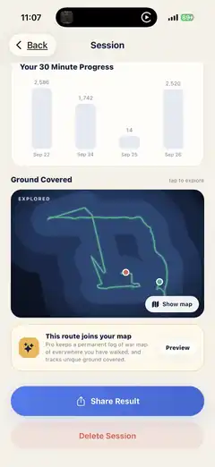 StrideScore completed session showing pace, Explore XP, and route details