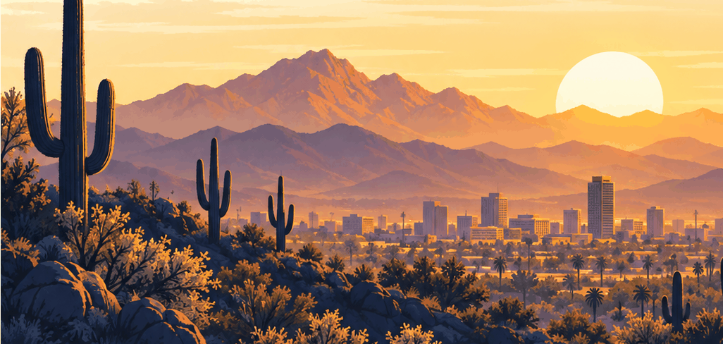 StrideScore desert artwork with mountains, city skyline, and saguaro cacti